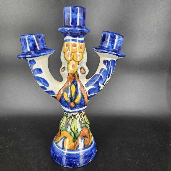 Vintage T. Ruth Talavera Pottery Candelabra 3 Arm Hand Painted Mexican Folk Art - Picture 2 of 13